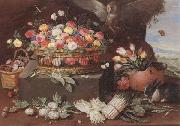 Jan Van Kessel Still life of various flwers in a basket,tulips in a copper pot hortensias,asparagi and artichokes laid out on the ground,together with an owl,butterf painting